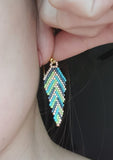 Green Feathery Beaded Dangling Earrings