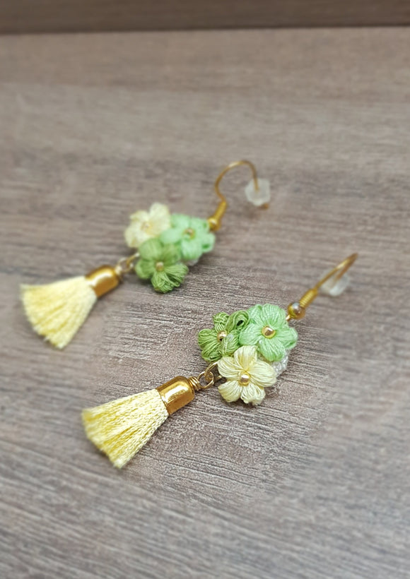 Earrings: Crochet Flower with yellow Tassels Earrings