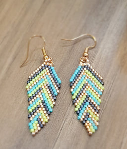 Green Feathery Beaded Dangling Earrings