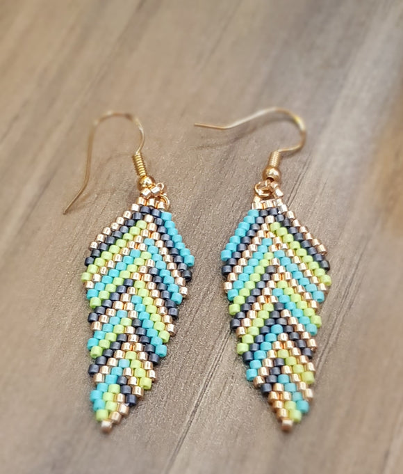 Green Feathery Beaded Dangling Earrings