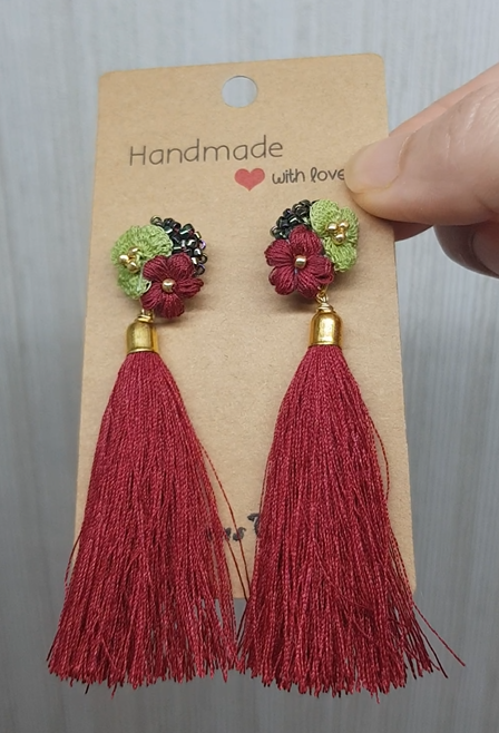 Micro crochet Red & Green Flora Tassels Earring Stud